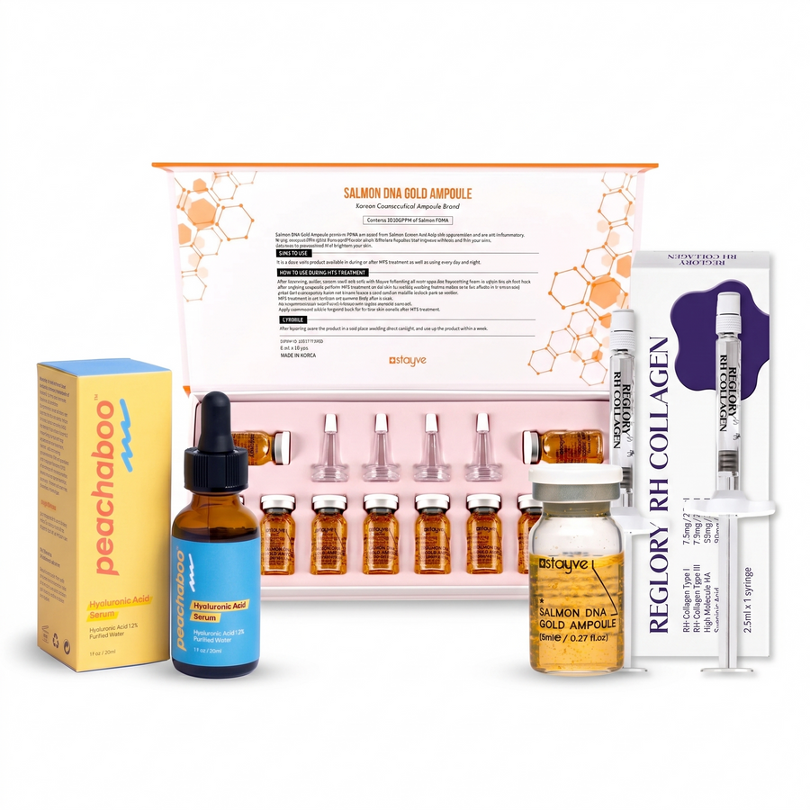 Anti-ageing skin needling serum bundle with various serums which are Peachaboo Hyaluronic Acid Serum, Reglory. RH COLLAGEN - Collagen Types I & III Skin Revitalizer, Stayve Salmon DNA Gold Ampoule (8ml x 10 vials).