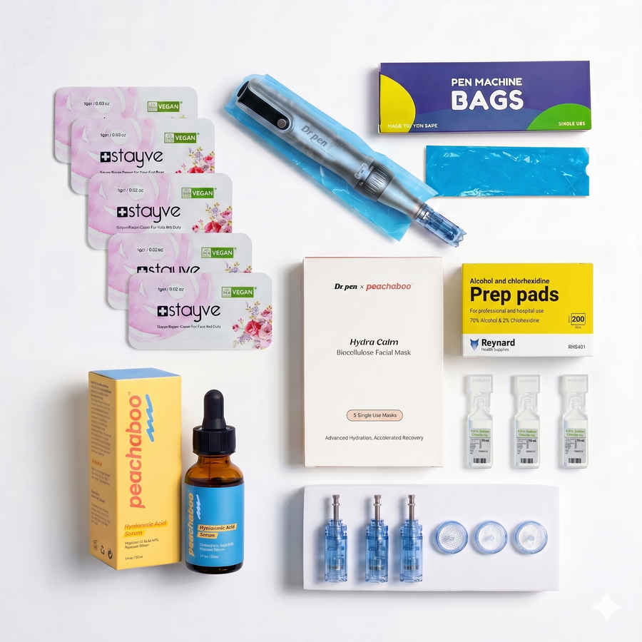 At-Home Skin Needling Complete Kit for a complete starter for your microneedlig  journey with various products; Dr. Pen M8S Microneedling Pen, M8S 18-pin cartridges, Protective Sleeve, Stayve Repair Cream (10 sachets), Peachaboo Hyaluronic Acid Serum 30ml, Dr. Pen x Peachaboo Hydra Calm Biocellulose Facial Mask, Sodium Chloride 0.9% Solution (10ml x 5 Vials), Reynard Antiseptic Prep Pads (70% Alcohol 2% Chlorhexidine - 200 pack).
