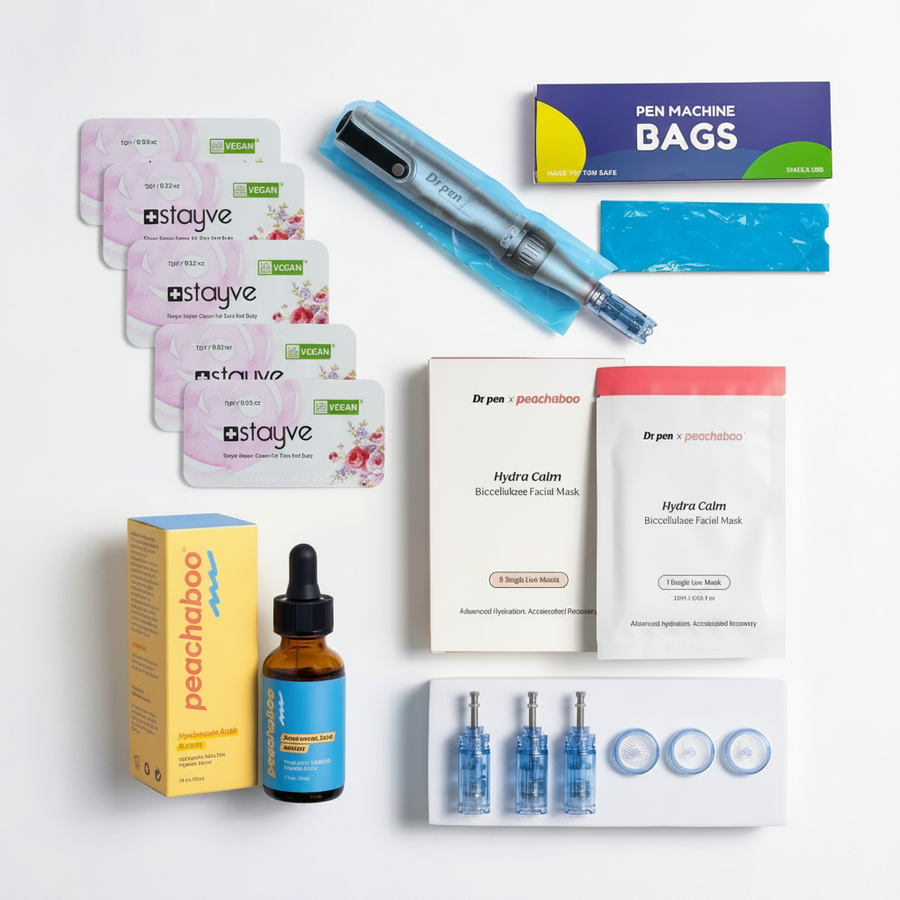 At-Home Skin Needling Starter Bundle for your starter with various products; Dr. Pen M8S Microneedling Pen, M8S 18-pin cartridges, Protective Sleeve, Stayve Repair Cream (10 sachets), Peachaboo Hyaluronic Acid Serum 30ml, Dr. Pen x Peachaboo Hydra Calm Biocellulose Facial Mask products on a white background