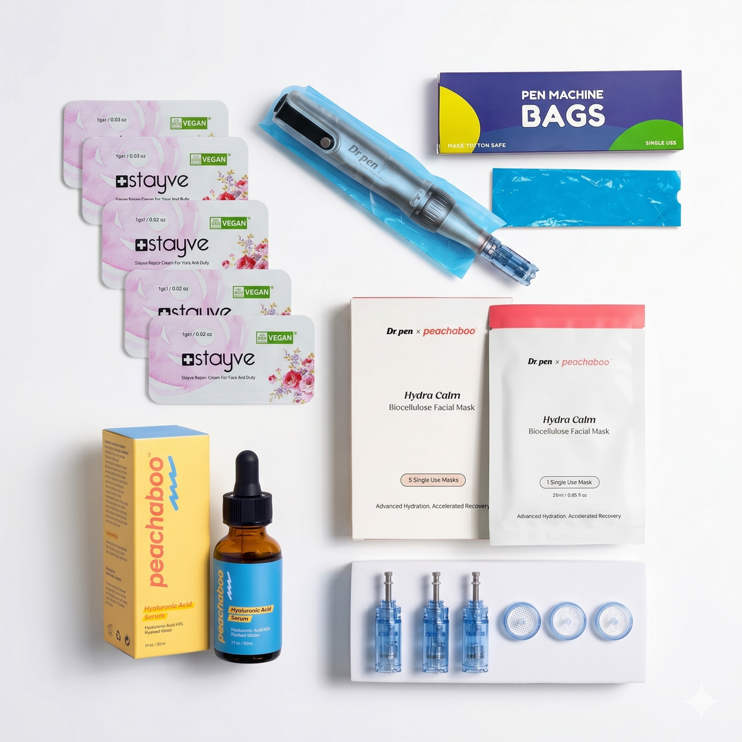 At-Home Skin Needling Starter Bundle for your starter with various products; Dr. Pen M8S Microneedling Pen, M8S 18-pin cartridges, Protective Sleeve, Stayve Repair Cream (10 sachets), Peachaboo Hyaluronic Acid Serum 30ml, Dr. Pen x Peachaboo Hydra Calm Biocellulose Facial Mask products on a white background