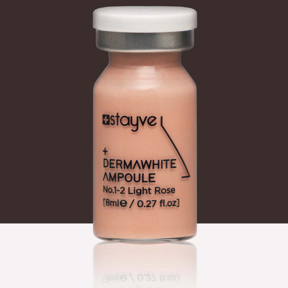 close up to Stayve Dermawhite Ampoule no.1-2 light rose bottle on a dark background