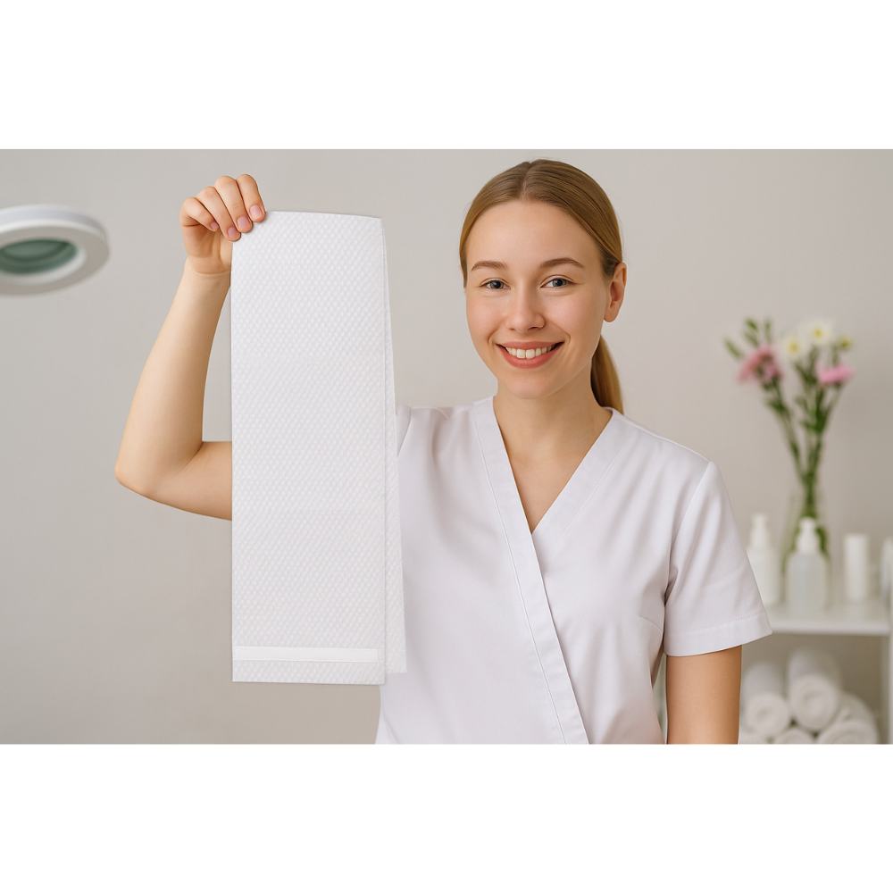 A beauty therapist smiling & holding a disposable headband 