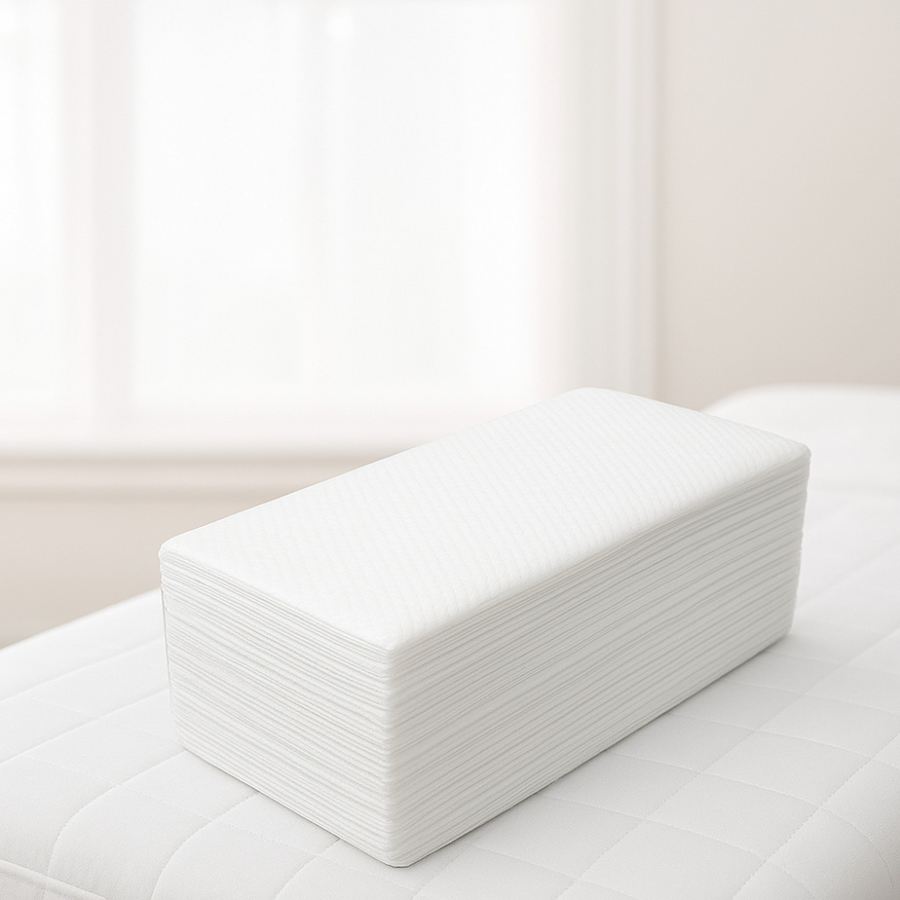 Stack of white disposable headbands with a light background