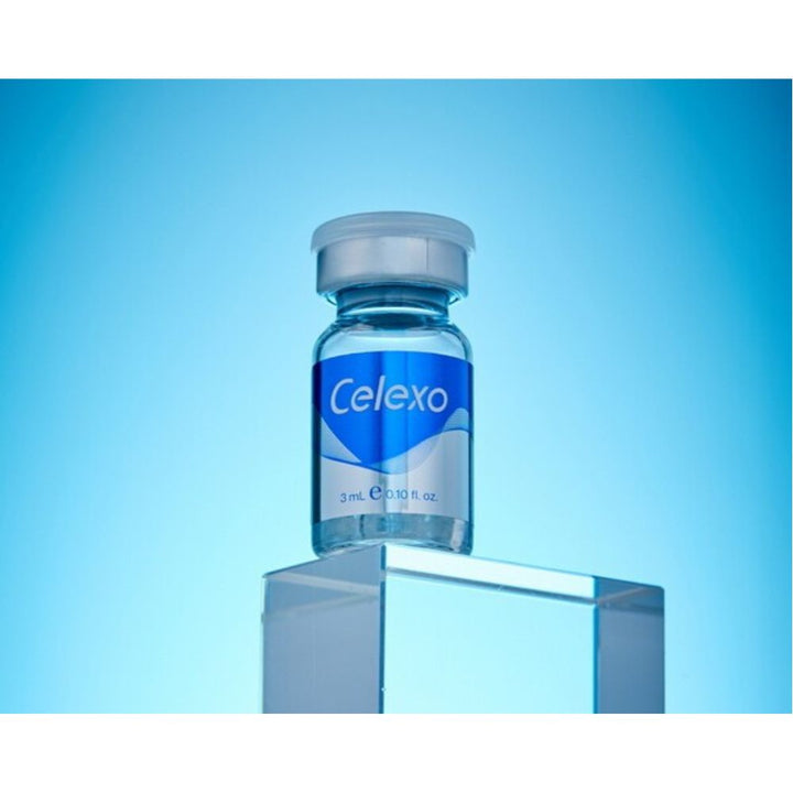 Celexo Professional Cica Exosome Booster vial on a reflective surface with a blue gradient background