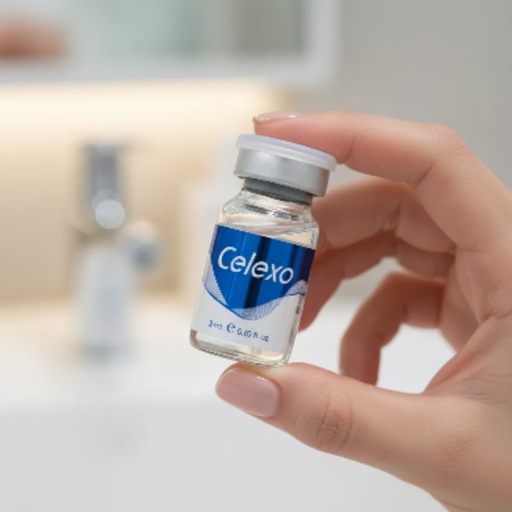 Hand holding a small vial of Celexo Professional Cica Exosome Booster with a blurred background
