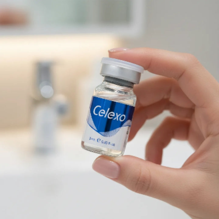 Hand holding a small vial of Celexo Professional Cica Exosome Booster with a blurred background