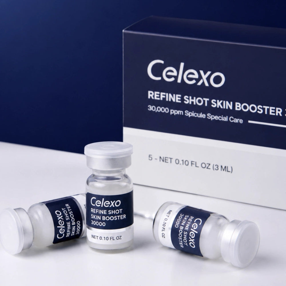 Celexo Refine Shot Skin Booster 30000 product display with three vials in front of the retail box on a white surface.