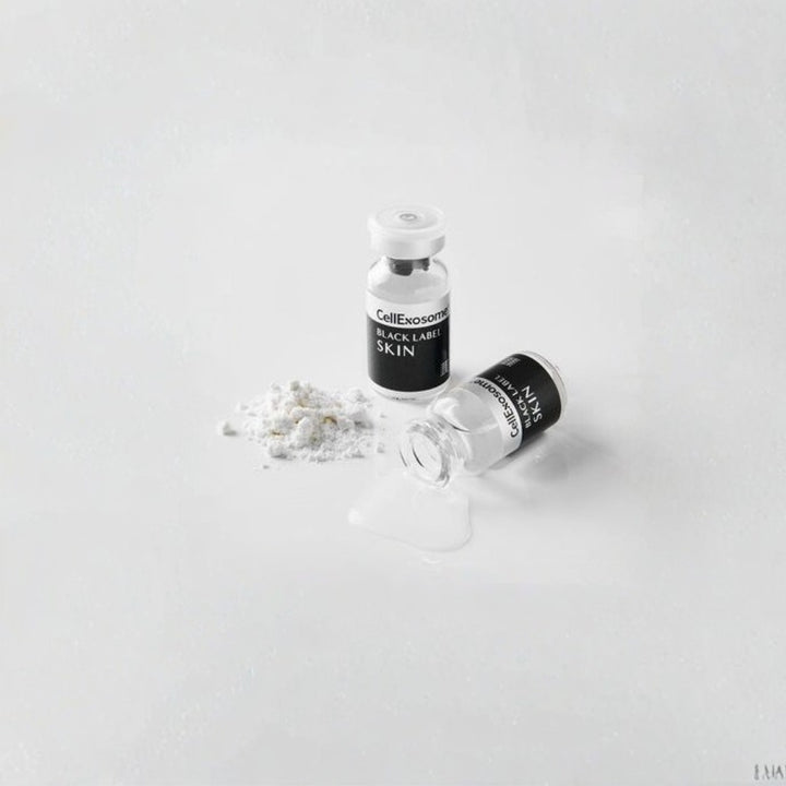 CellExosome Black Label Skin lyophilised powder vial with Solvent vials on a white background