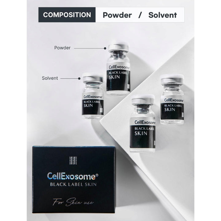 CellExosome BLACK LABEL Skin packaging with lyophilised powder and solvent vials displayed with the product box, showcasing the professional exosome skin treatment composition.