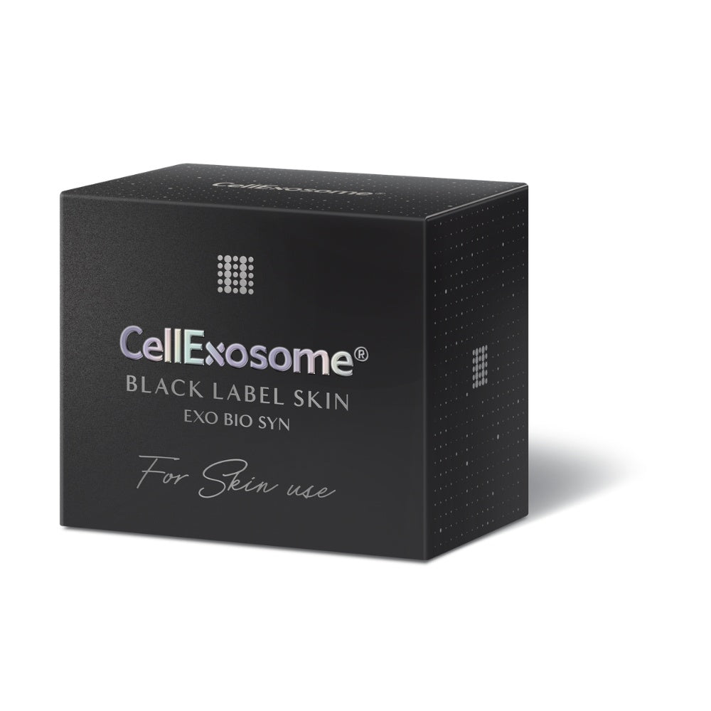 Black packaging box of CellExosome Black Label Skin on a white background