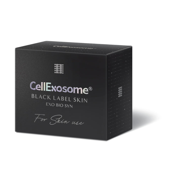 Black packaging box of CellExosome Black Label Skin on a white background