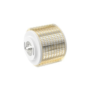 Close-up of a single 1.0mm Replacement Cartridge for the Dr. Pen G5 Bio Roller, featuring a roller head with tightly packed gold microneedles on a white snap-in connector, against a clean white background, highlighting its precision design for skincare treatments.