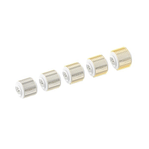 A set of five 1.5mm Replacement Cartridges for the Dr. Pen G5 Bio Roller, displayed in a line against a white background. Each transparent cartridge showcases a roller head with densely packed gold microneedles, designed for enhanced skincare product absorption and effective microneedling treatment.