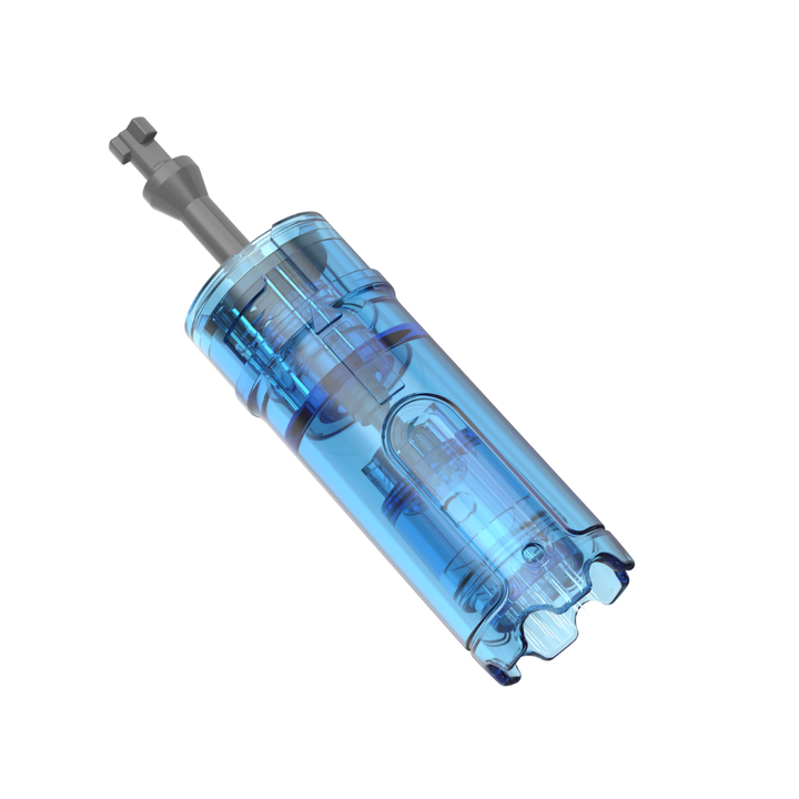 Different angle on Dr. Pen M9 18-pin microneedling cartridge with clear blue casing and protruding needle tip