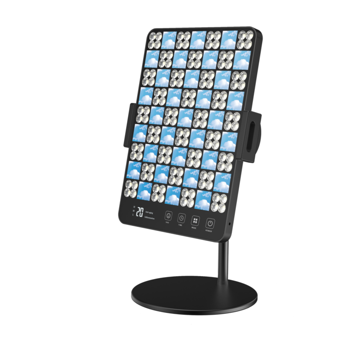 LED Facial Treatment Lamp on a black and white screen, showcasing a pattern of blue squares for aesthetic purposes.