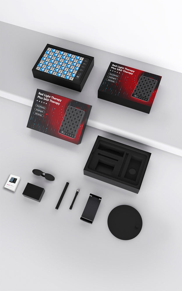  An LED Facial Treatment Lamp in a black box adorned with a bold red and black design, emphasizing modern aesthetics.