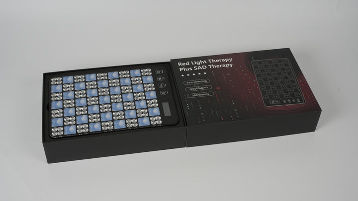 An LED Facial Treatment Lamp in a black box adorned with a bold red and black design, emphasizing modern aesthetics.