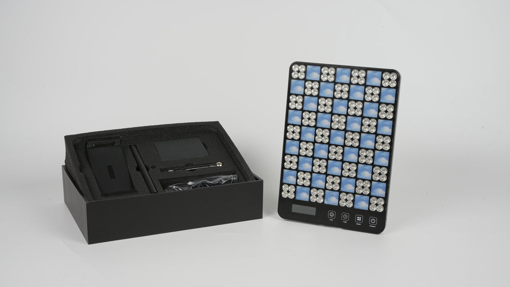 LED Facial Treatment Lamp on a black and white screen, showcasing a pattern of blue squares for aesthetic purposes.