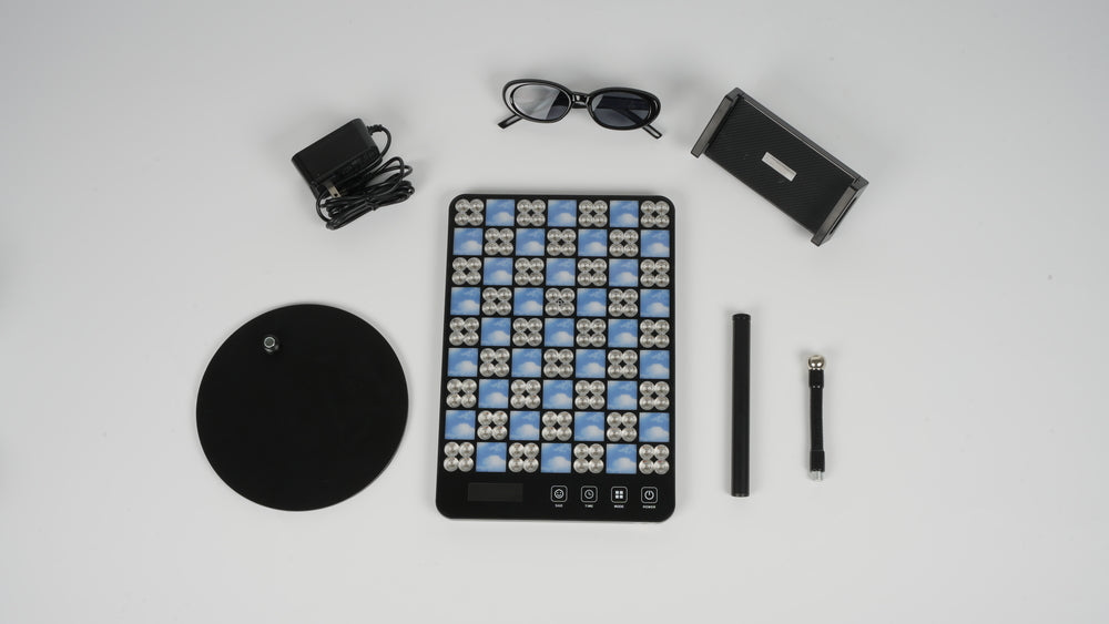 Set of LED Facial Treatment Lamp on a black and white screen, showcasing a pattern of blue squares for aesthetic purposes.