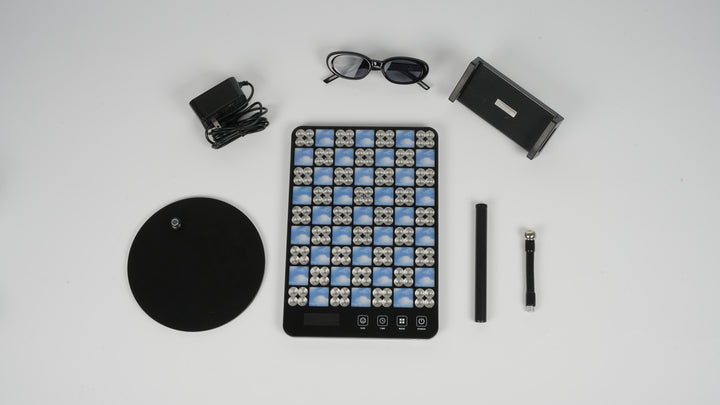 Set of LED Facial Treatment Lamp on a black and white screen, showcasing a pattern of blue squares for aesthetic purposes.