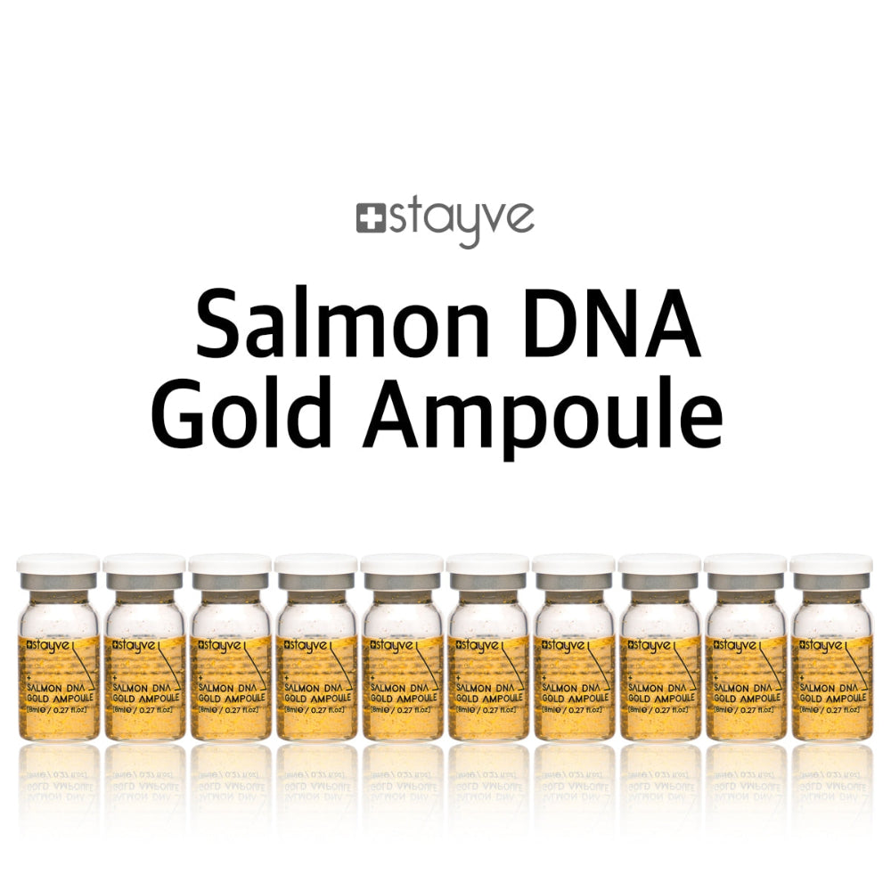 Stayve Salmon DNA Gold Ampoule full box set displaying 10 x 8ml PDRN ampoules
