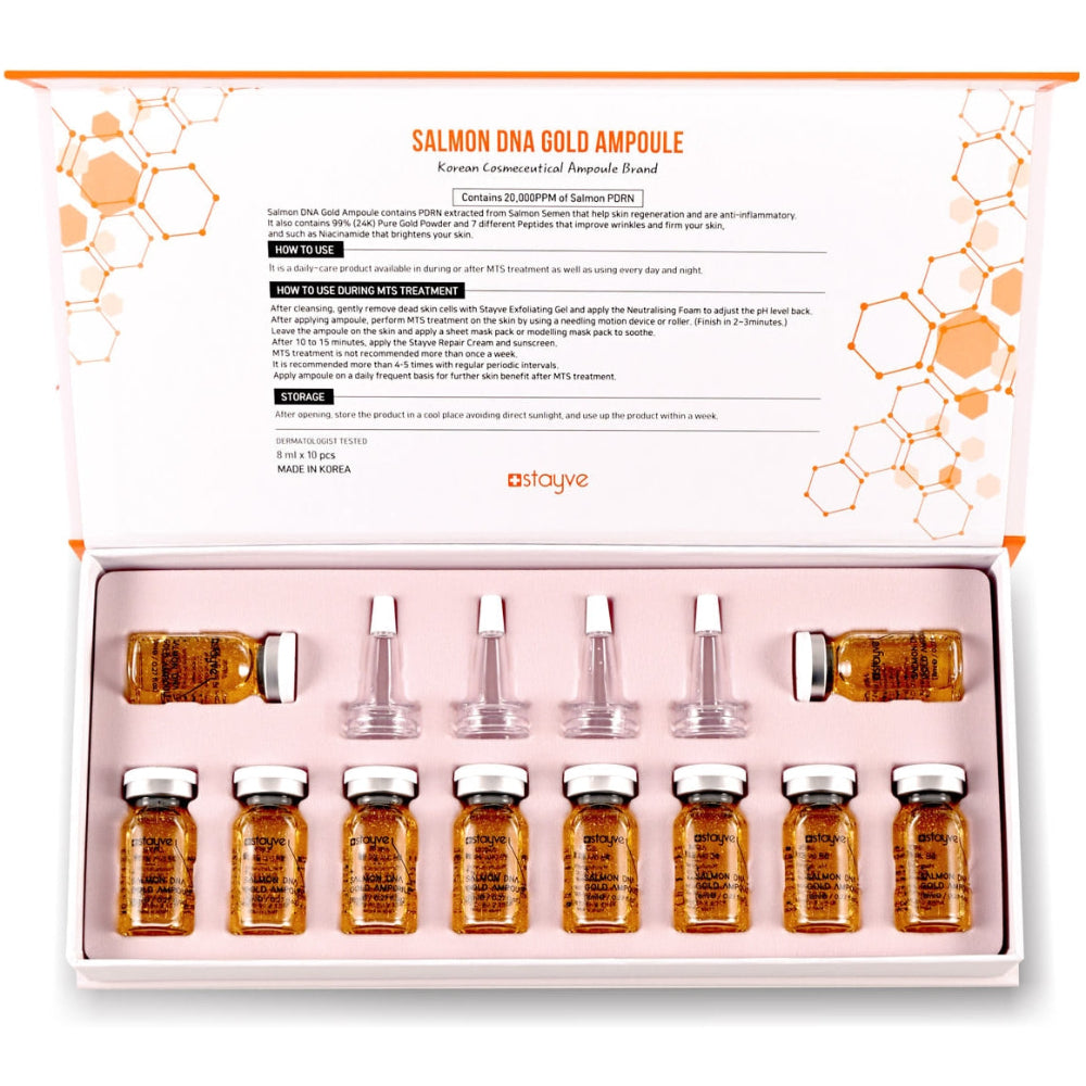 Inside view of Stayve Salmon DNA Gold Ampoule box with ampoules and MTS applicator tips