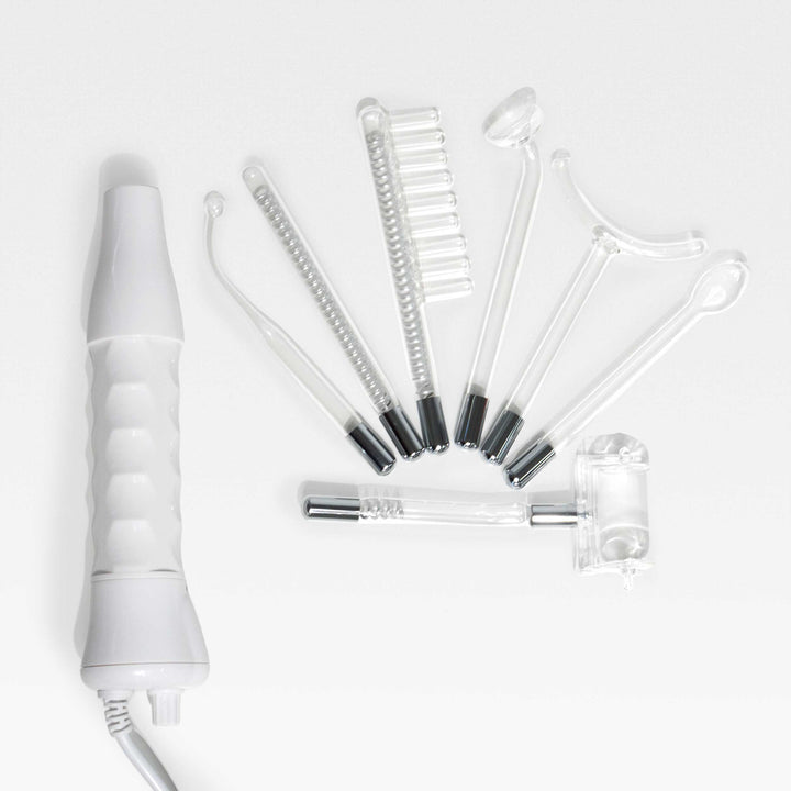 Peachaboo High-Frequency Therapy Wand with 7  electrode attachments displayed beside it.