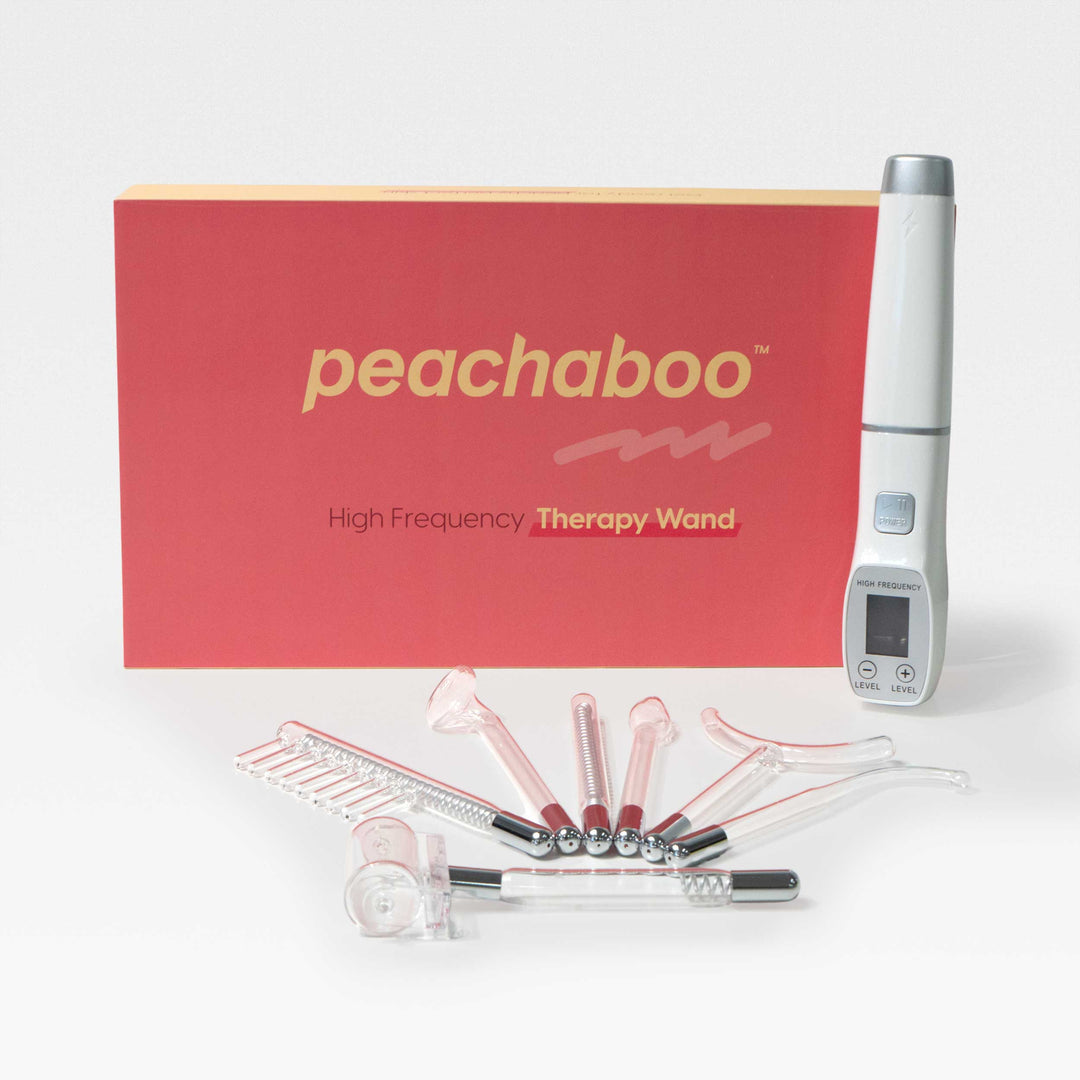 Peachaboo High-Frequency Therapy Wand set with glass electrodes displayed in front of a peach colored product box.