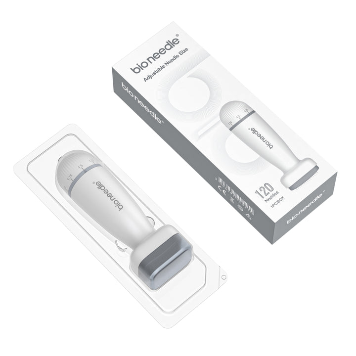 Elegant packaging of Dr. Pen Bio Needle with a clear display window showcasing the adjustable 120-pin microneedling stamp, emphasizing its key features and needle count, all in a sleek white and black design.