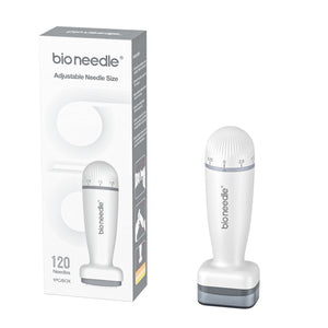 Dr. Pen Bio Needle microneedling device next to its informative box detailing the adjustable needle size feature and showcasing the precise 120-pin design.