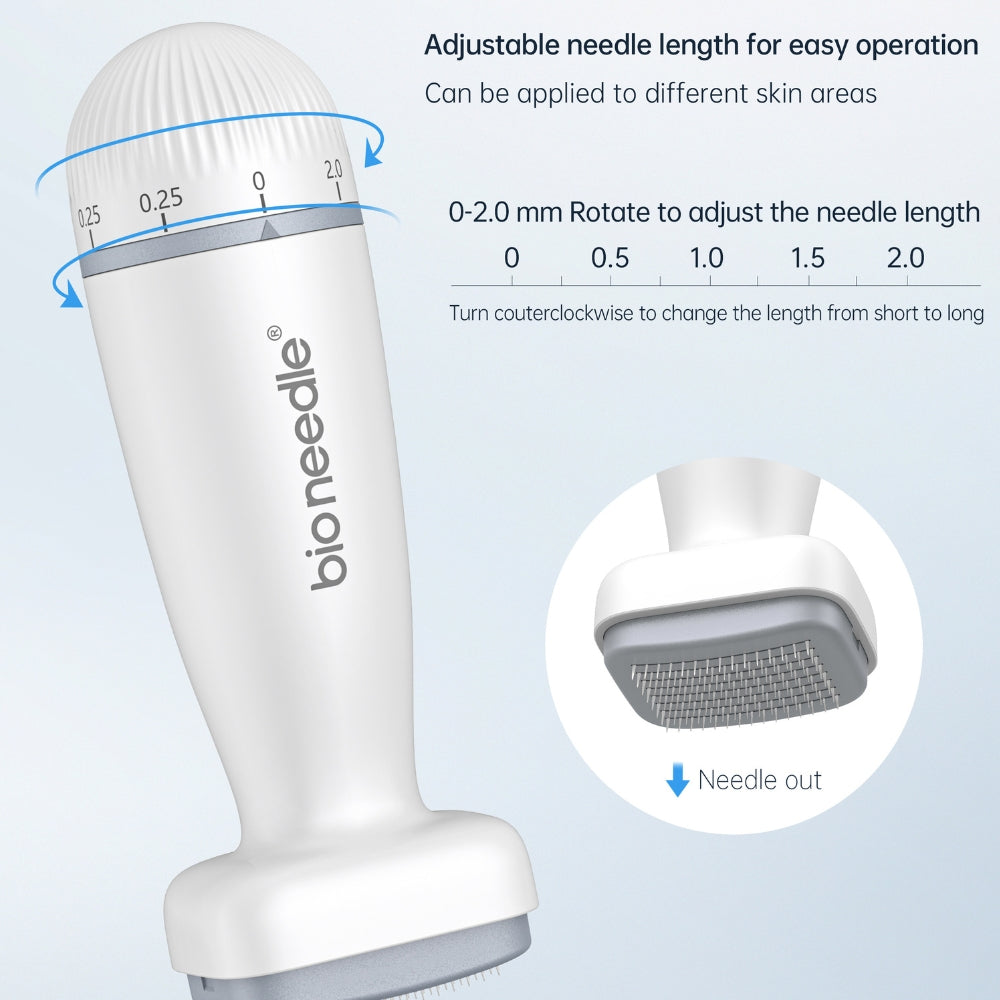 Instructional image of Dr. Pen Bio Needle highlighting its adjustable needle length feature, ranging from 0-2.0 mm, with a close-up on the needle head. Text and arrows indicate how to adjust the needle length for various skin areas.