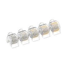 Load image into Gallery viewer, A set of five 0.25mm Replacement Cartridges for the Dr. Pen G5 Bio Roller, displayed in a line against a white background. Each transparent cartridge showcases a roller head with densely packed gold microneedles, designed for enhanced skincare product absorption and effective microneedling treatment.