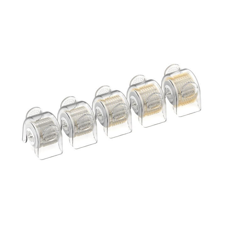 A set of five 0.5mm Replacement Cartridges for the Dr. Pen G5 Bio Roller, displayed in a line against a white background. Each transparent cartridge showcases a roller head with densely packed gold microneedles, designed for enhanced skincare product absorption and effective microneedling treatment.