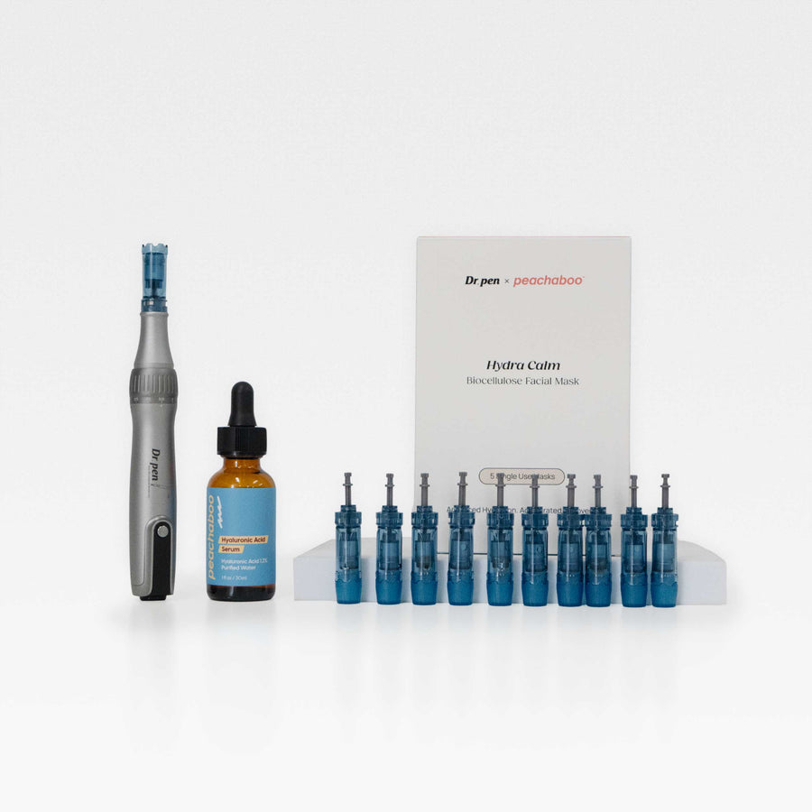 Collection of Dr. Pen M8S Black Friday Glow Up Bundle includes Dr Pen M8S Microenedling Pen, 12-pin Cartridges for M8S (10 pack), Peachaboo Hyaluronic Acid Serum 30ml, Dr. Pen x Peachaboo Hydra Calm Biocellulose Facial Mask (5 Pack)