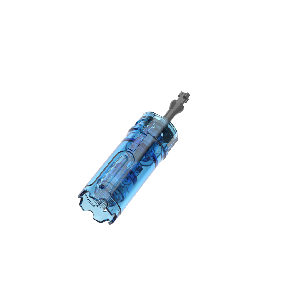 Angled view of a Dr. Pen M9 36-pin microneedling cartridge with a clear blue plastic body and metal needle tip.