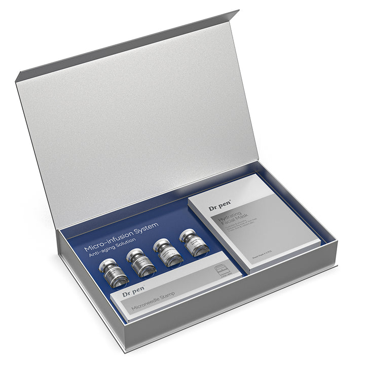  Dr. Pen MIS20 Micro-Infusion System packaging box open, revealing four serum ampoules, a microneedle stamp box and hydrating facial mask.