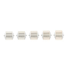 Load image into Gallery viewer, Five individual 2.0mm Microneedling Replacement Cartridges for the Dr. Pen G5 Bio Roller, positioned diagonally. Each cartridge features a cylindrical roller with an intricate grid of gold microneedles, ready for attachment. The perspective shows the side profile of the cartridges, highlighting the textured roller surface and the sterile white snap-in end caps.