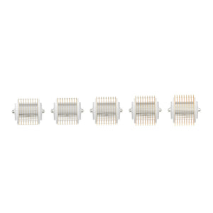 Five individual 2.0mm Microneedling Replacement Cartridges for the Dr. Pen G5 Bio Roller, positioned diagonally. Each cartridge features a cylindrical roller with an intricate grid of gold microneedles, ready for attachment. The perspective shows the side profile of the cartridges, highlighting the textured roller surface and the sterile white snap-in end caps.