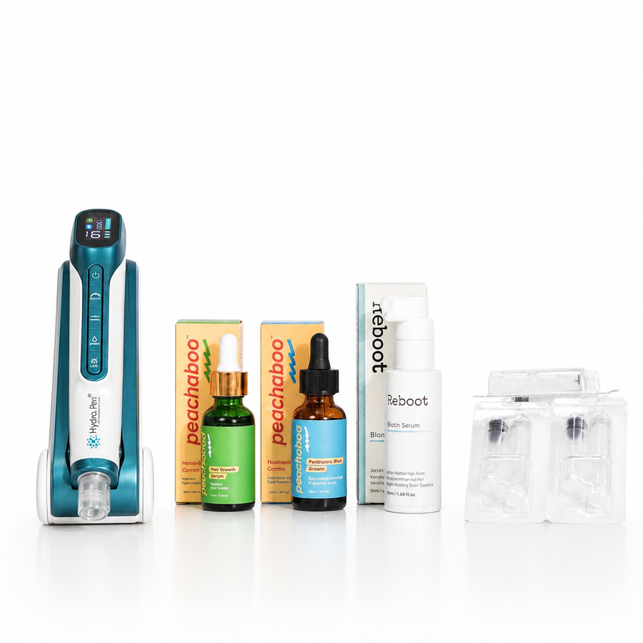 The collection includes Hydra Pen H6, Peachaboo Hair Growth Serum 30ml, Peachaboo Hyaluronic Acid Serum 30ml, Reboot Biotin Serum, 36 pin cartridges.