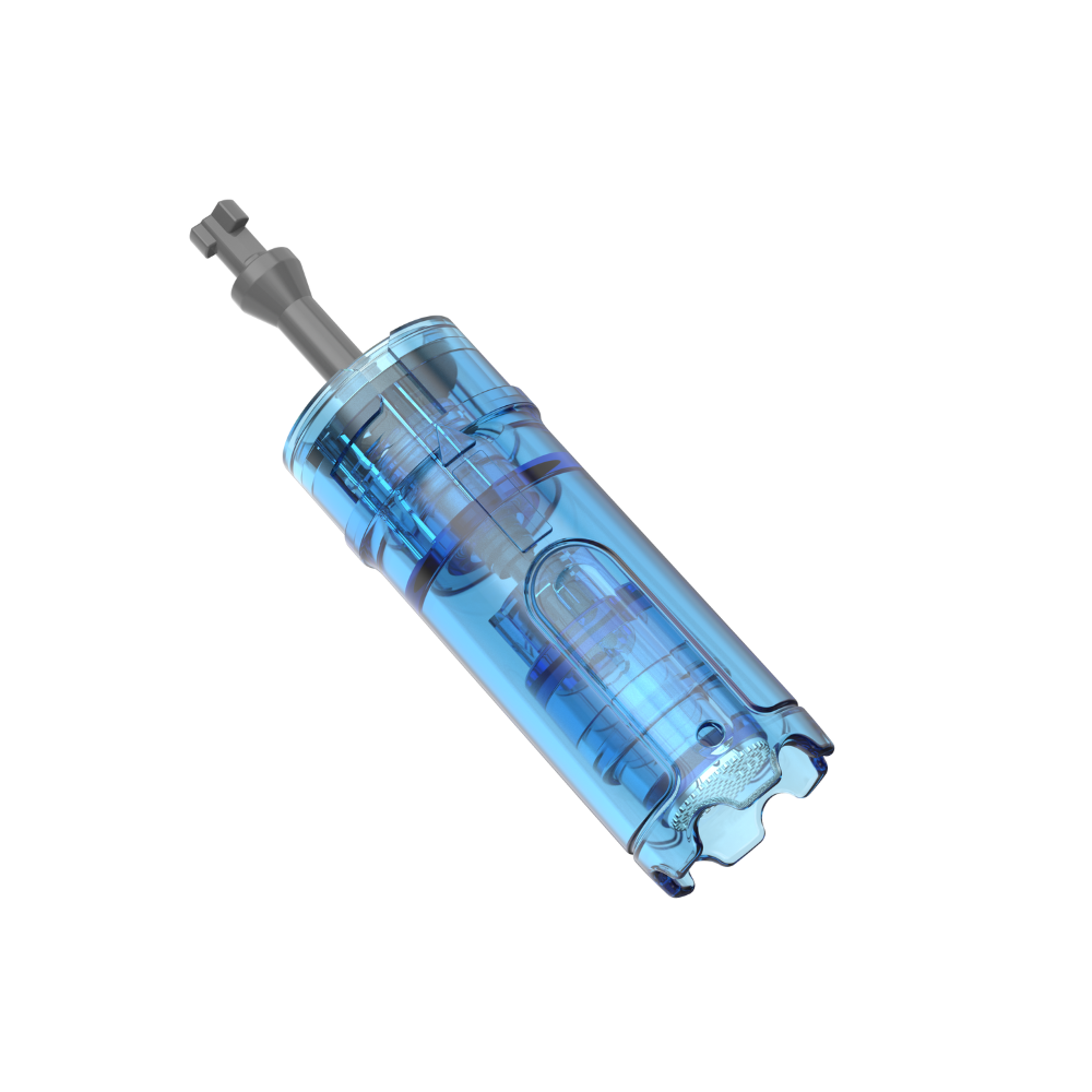 Angled view of Dr. Pen M9 nano round needling cartridge with a clear blue plastic body and metal needle tip.