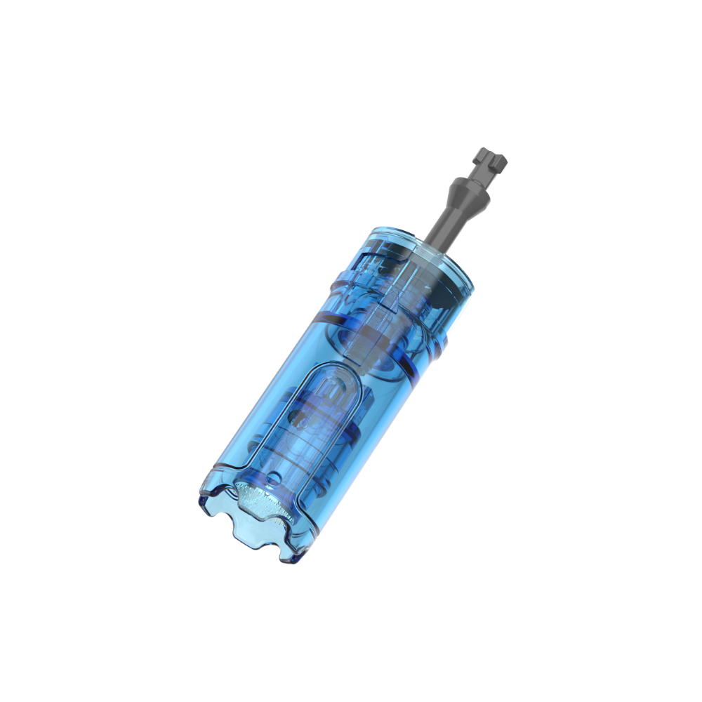 Different angle of Dr. Pen M9 nano round needling cartridge with a clear blue plastic body and metal needle tip.