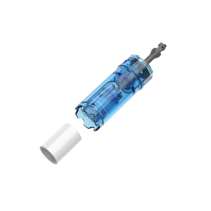 Angled view of a Dr. Pen M9 42-pin microneedling cartridge with clear blue casing, visible internal needle mechanism, and detached removable protective cap