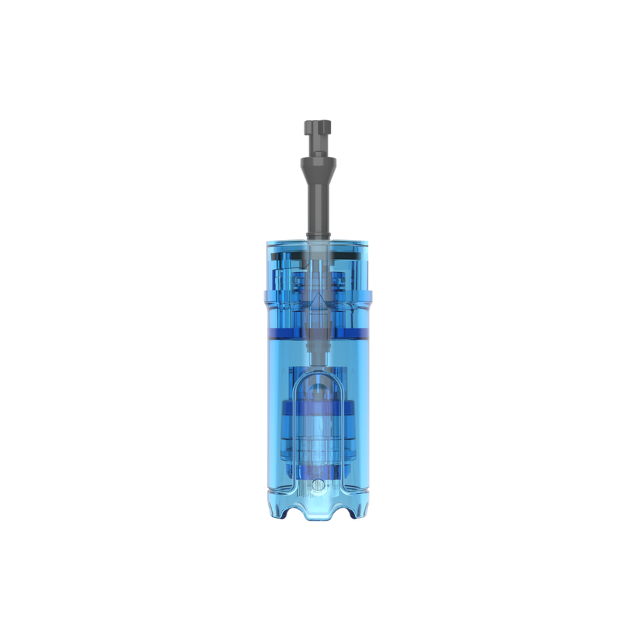 Close-up of a Dr. Pen M9 36-pin microneedling cartridge with clear blue casing and protruding needle tip