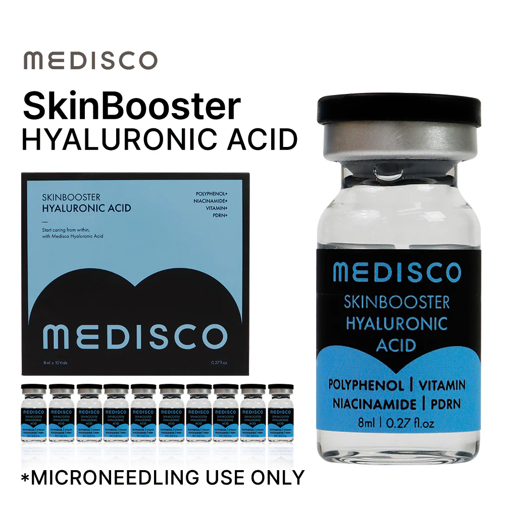 Medisco SkinBooster Hyaluronic Acid product packaging and vials displayed, on a white background