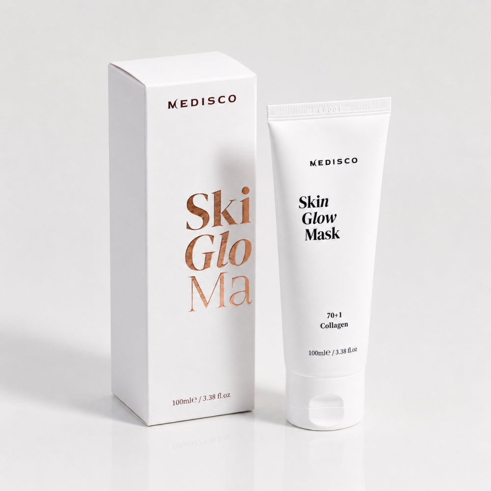 Medisco SkinGlow PDRN Collagen Mask tube and packaging box shown on a clean light grey background.