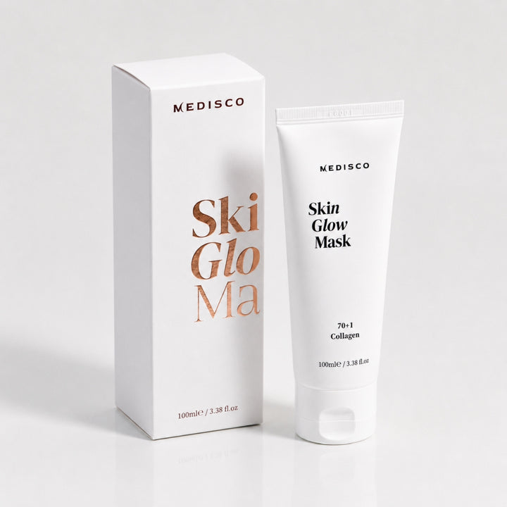 Medisco SkinGlow PDRN Collagen Mask tube and packaging box shown on a clean light grey background.