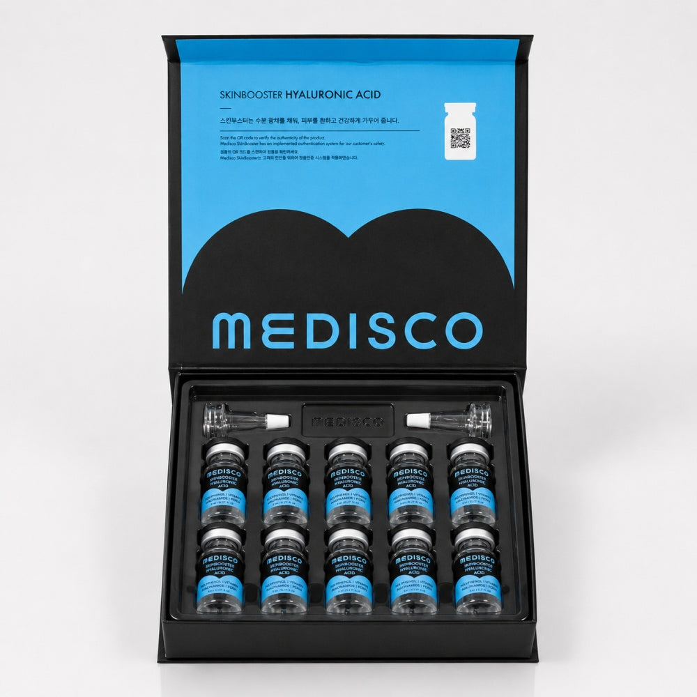 Medisco Skinbooster Hyaluronic Acid kit open with 10 vials and applicator tips