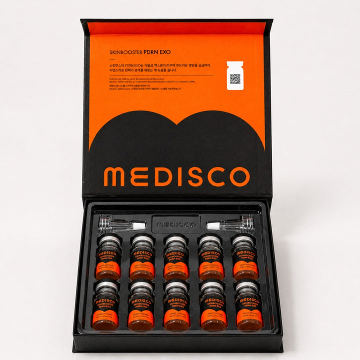 Medisco Skinbooster PDRN EXO kit open with 10 vials in tray