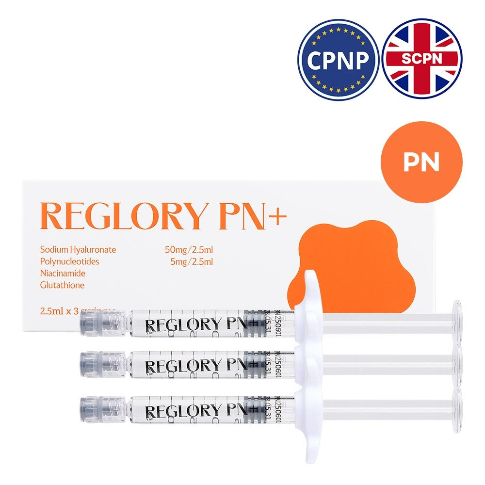 Reglory PN+ Skin Booster syringes with packaging box on a white background with CPNP and SCPN certification logos.
