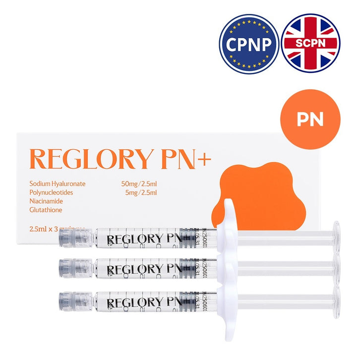 Reglory PN+ Skin Booster syringes with packaging box on a white background with CPNP and SCPN certification logos.